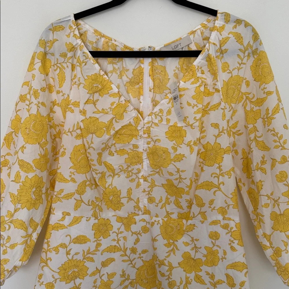 LOFT NWT Yellow 100% Cotton Floral Poplin Shirred Mini Dress - Size 8 - Picture 3 of 8